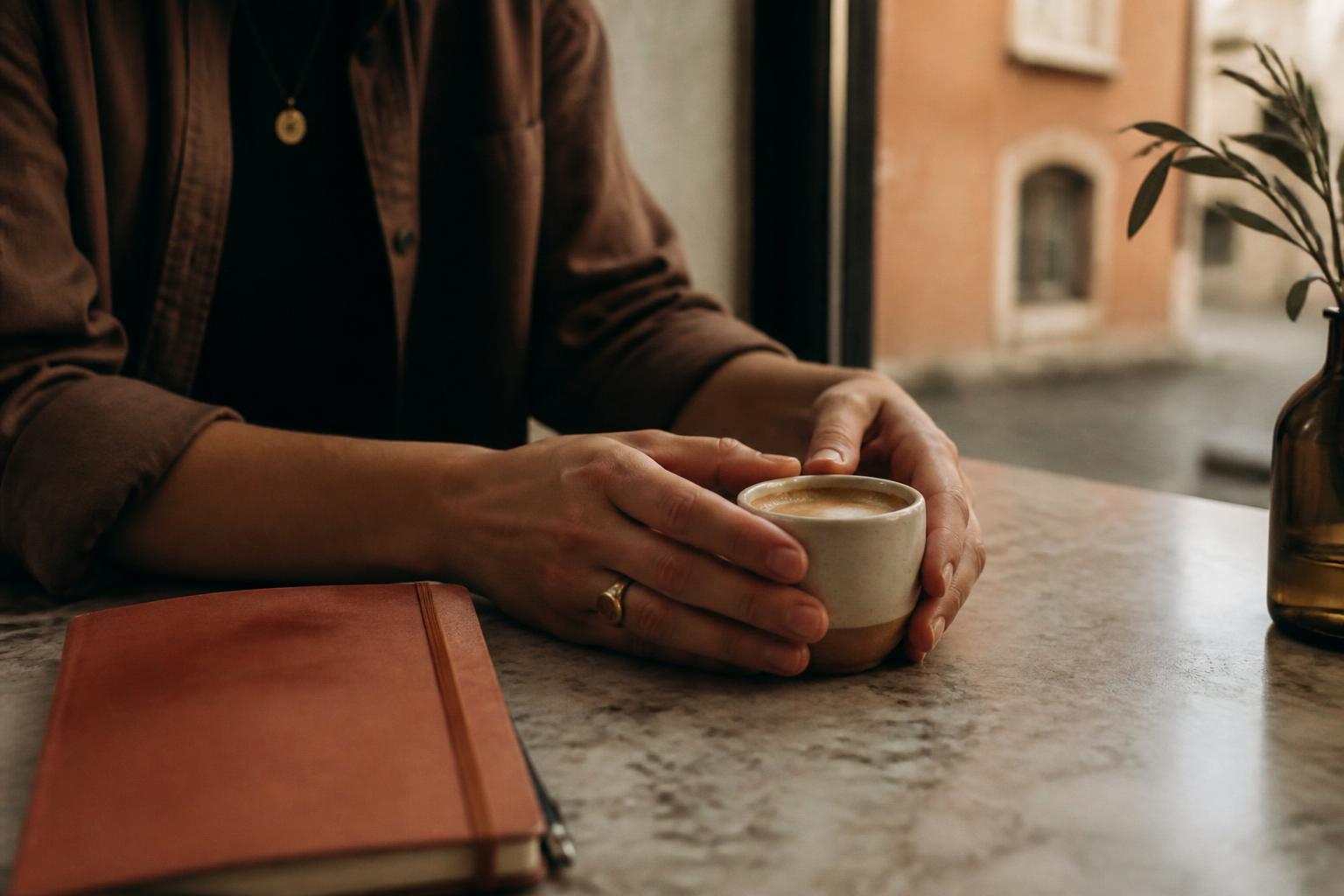 Mani che reggono una tazzina di espresso accanto a un taccuino in un caffè italiano