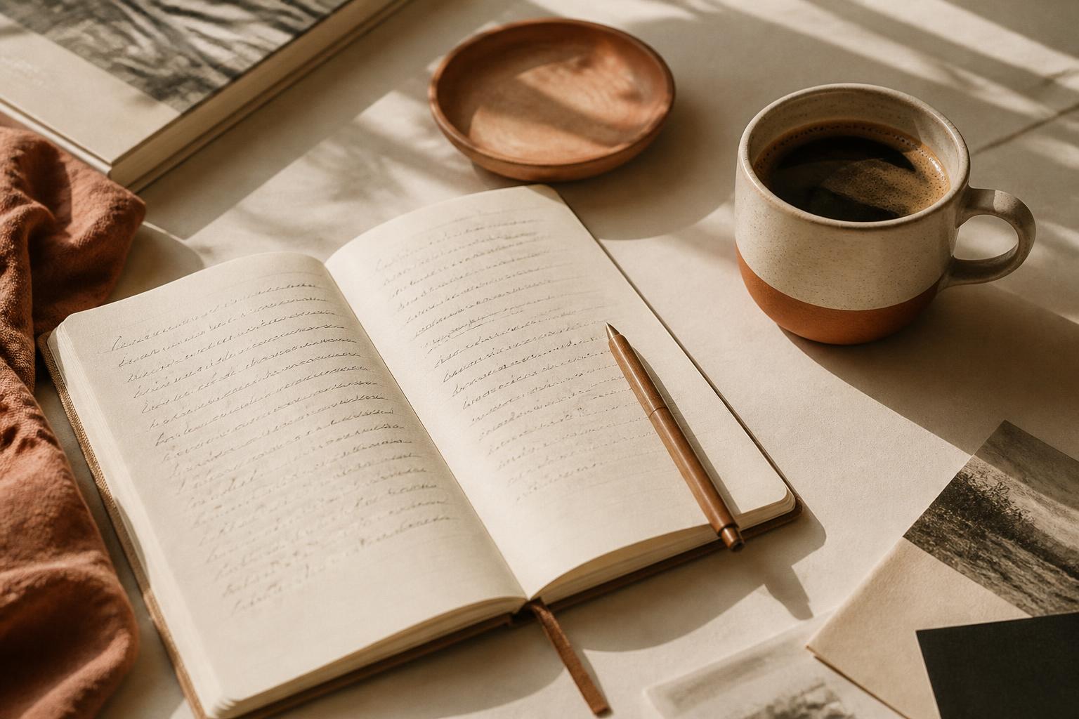 Taccuino aperto con appunti, penna e caffè su una scrivania